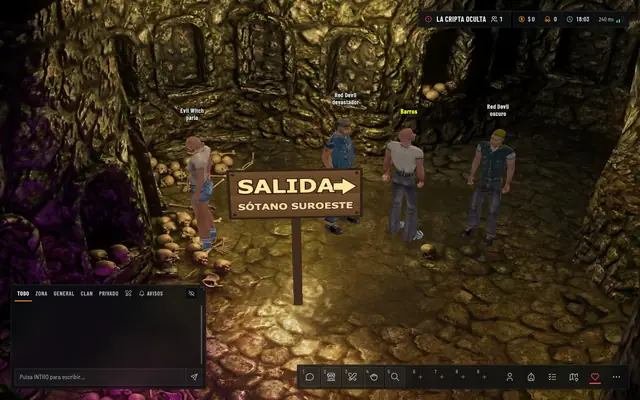 Otra sala de la cripta, con montones de calaveras contra la pared, presos de las bandas que viven ahí abajo y el cartel de SALIDA, con la interfaz nueva