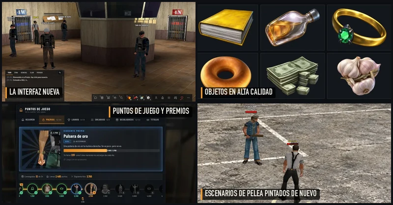 Cuatro recortes de lo nuevo: la interfaz nueva, los objetos en alta calidad, los puntos de juego y un escenario de pelea pintado de nuevo