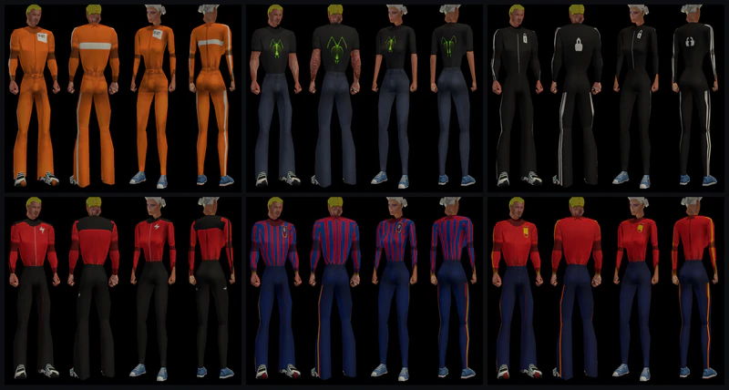 Seis de los uniformes de banda, de hombre y de mujer