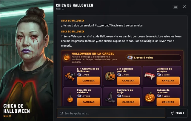La ventana de la Chica de Halloween, con su retrato, y lo que cambia por vales: caramelos, calabazas podridas, colmillos, farolillo, sombrero de bruja y cabeza de calabaza