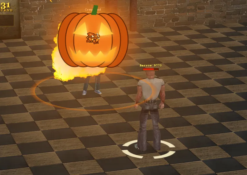 Una bomba de calabaza revienta sobre un preso con una calabaza encendida, una onda naranja por el suelo y fuego