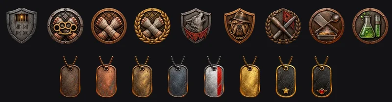 Nueve medallas de logros y las ocho chapas de recluso, de la oxidada a la de obsidiana