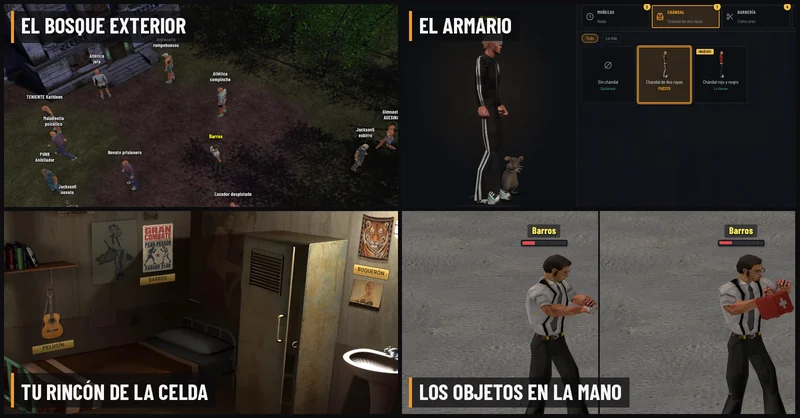 Cuatro recortes de lo nuevo: el bosque exterior, el armario, la celda decorada y los objetos en la mano
