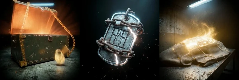 Tres momentos de las animaciones de premio: un cofre que se abre, una chapa que rompe sus cadenas y un fardo que brilla