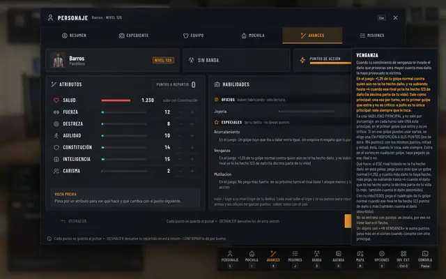 AVANCES de un pandillero (interfaz nueva): debajo de cada especial, «En el juego: …»; al pasar por la Venganza, su descripción del original y, debajo, la línea entera
